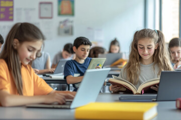 Students collaborate in a modern classroom, some reading books while others work on laptops. This active learning environment promotes engagement and teamwork among peers
