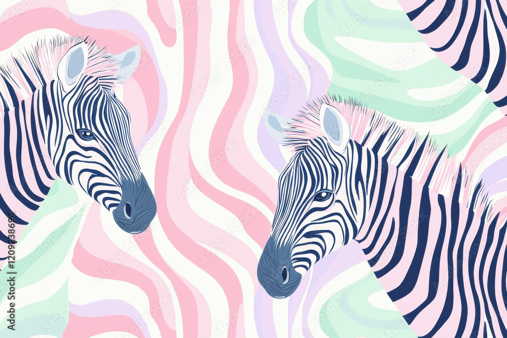 Poster whimsical zebra stripe pattern in soft pastel colors with abstract swirls creating a playful atmosph