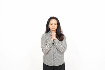 Praying with Clasped Hands Of Beautiful Asian Woman Isolated On White Background