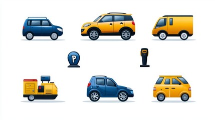 Colorful Cartoon Vehicles and Parking Icons for Creative Projects