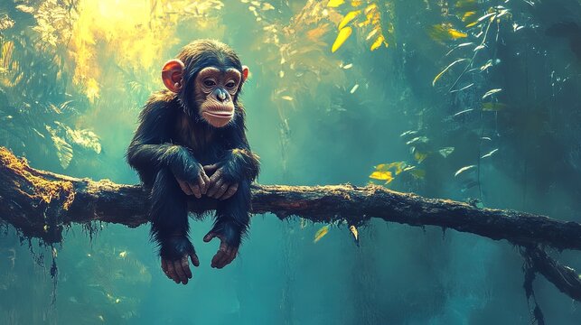 A sad monkey sitting by itself on a broken branch, with the empty jungle behind it, conveying solitude