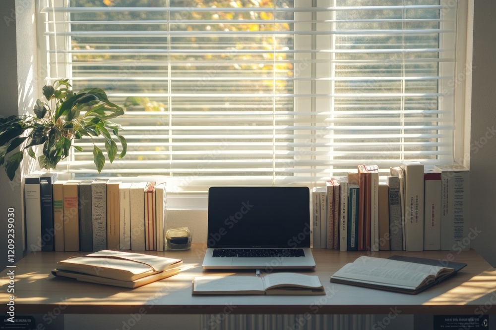 Poster sunlight streams through blinds, creating a serene atmosphere in a study space filled with books and