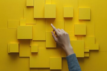 Business Process Automation and Workflow Management with Flowchart Hand Arranging Cubes on Yellow Background