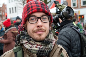 Obraz premium A young man in a plaid hat and glasses stands in a crowd, wearing a scarf, amidst a vibrant urban environment.
