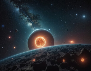 Obraz premium A breathtaking view of a distant planet with a vibrant sun and surrounding celestial bodies. Generative AI