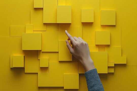 Business Process Automation and Workflow Management with Flowchart Hand Arranging Cubes on Yellow Background