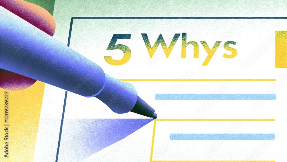 Poster 5 why analysis concept, visual representation of the 5 why technique.