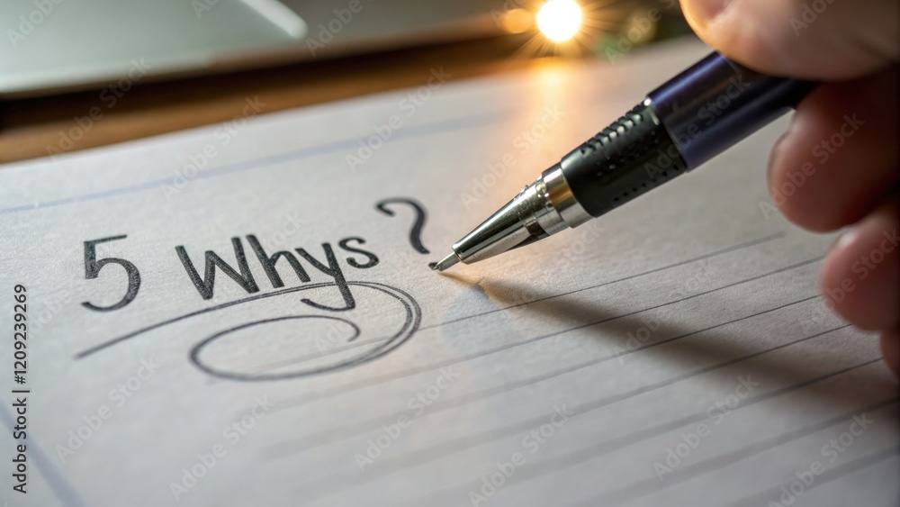 Poster 5 why analysis concept, 5 why question on notebook with pen