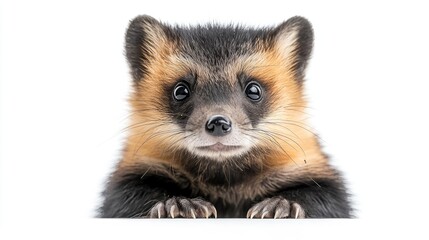 Obraz premium Adorable Asian raccoon dog peeking over white