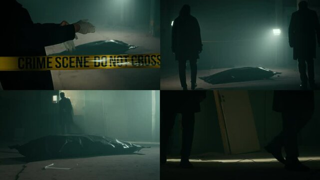 Split screen of professional detective couple entering dark neglected building and approaching corpse under black plastic bag lying on floor and putting on gloves for further case investigation