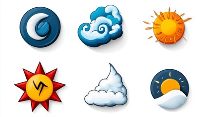 Colorful Weather Icons Set Featuring Cloud, Sun and Wave Symbols