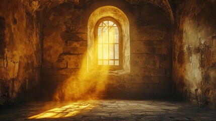 Fototapeta premium Golden light streams through an arched window in an old stone room, illuminating dust motes in the air.