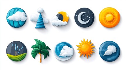 Colorful Weather Icons Featuring Sun, Clouds, Moon, and Nature Elements