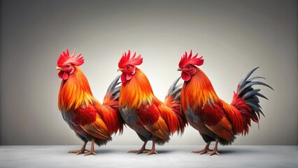 Fototapeta premium Three Vibrant Roosters in a Row, Displaying Rich Colors and Majestic Plumes