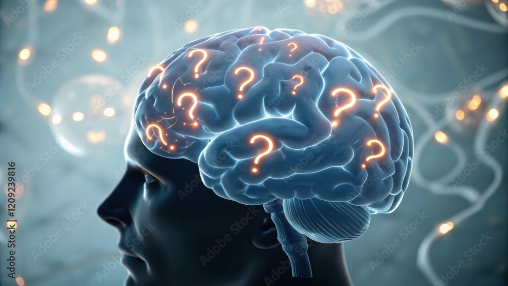 Poster 5 why analysis concept, human brain with question marks and glowing elements.