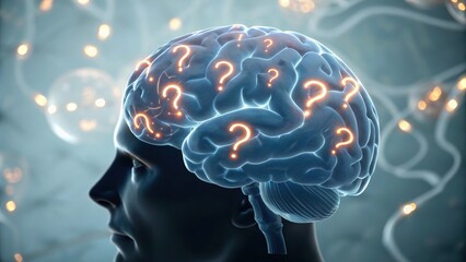 Obraz premium 5 WHY analysis concept, Human brain with question marks and glowing elements.