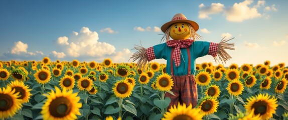 Colorful scarecrow surrounded by vibrant sunflowers in a sunny field during autumn harvest. © LoFi J.