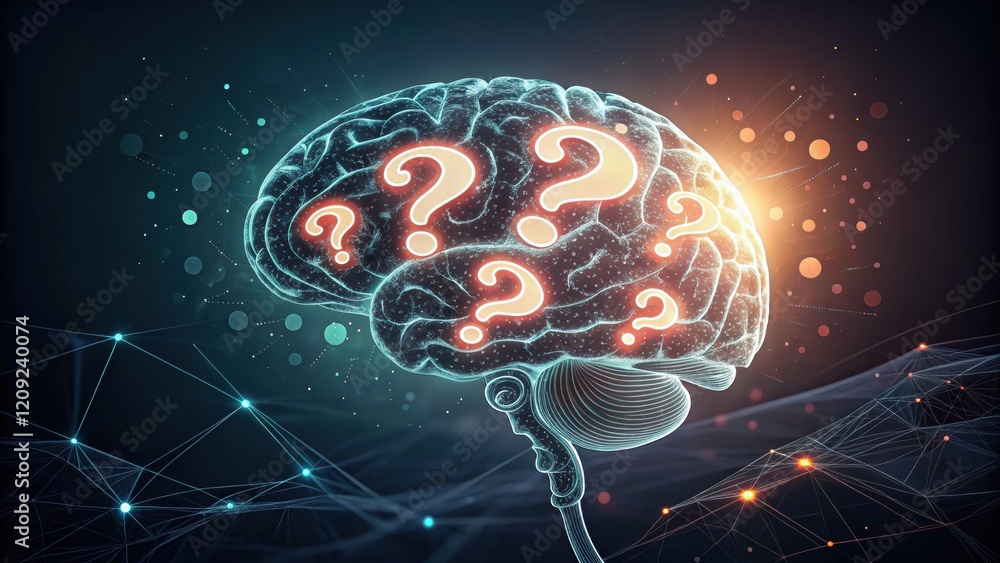 Poster 5 why analysis concept, illuminated brain with question marks and connections.