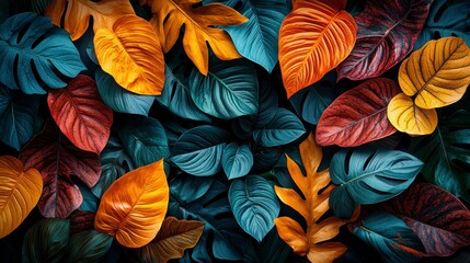 Vibrant autumnal foliage, tropical leaves in rich orange, red, teal.