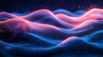 Obraz premium Blue pink glowing gradient wave on black background, noise texture abstract design, Generative AI
