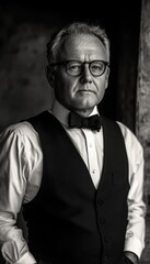Fototapeta premium A sophisticated portrait of a man in a vest and bow tie, exuding confidence and elegance.