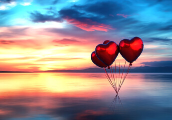 Fototapeta premium Three vibrant heart-shaped balloons float serenely over calm waters as a stunning sunset paints the sky in pastel hues, evoking feelings of love and tranquility.