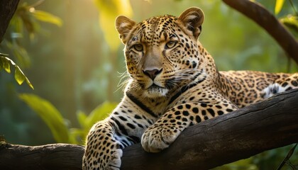 Close-up of a serene leopard relaxing in its natural habitat, blending perfectly with the surrounding jungle greenery under golden sunlight
