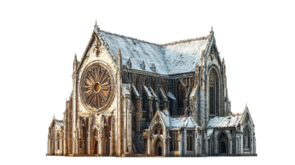 Snow-covered Gothic cathedral in a serene winter landscape during daylight hours isolated on transparent background
