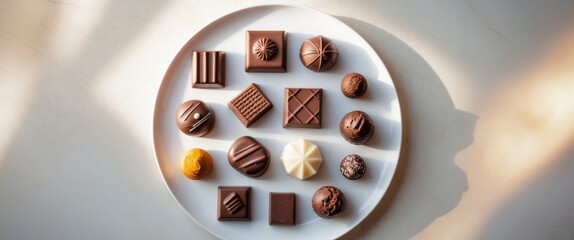 Top view plate of assorted artisan chocolates displayed on a counter