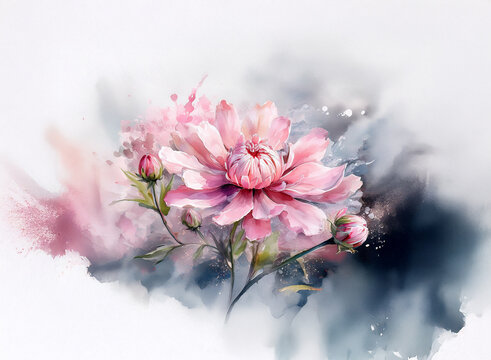 Delicate pink peony blossom with unopened buds, rendered in soft watercolor washes against a moody, abstract background of gray and pink hues.  The painting evokes a feeling of serenity and gentle bea