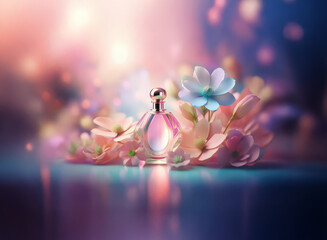 Fototapeta premium A delicate perfume bottle sits amidst a bed of pastel blossoms, bathed in soft, ethereal light. The scene evokes feelings of serenity and springtime freshness.