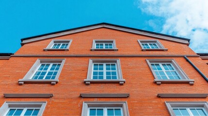 Fototapeta premium Vibrant Red Brick Building with Architectural Windows and Blue Sky