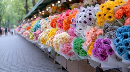 Colorful flower bouquets at city market stall