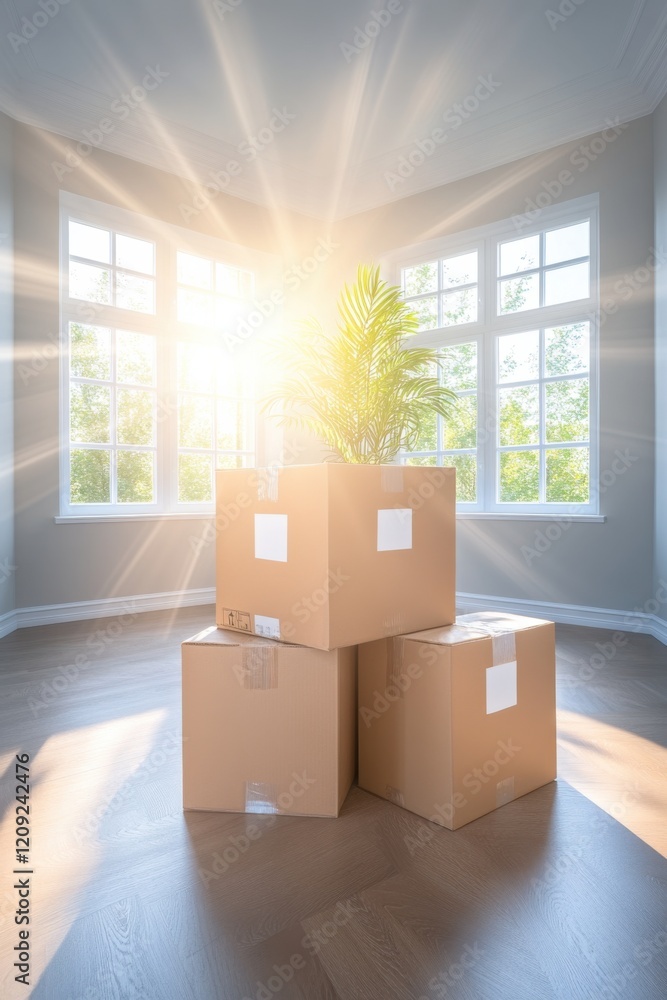Poster neatly stacked moving boxes in bright, empty room awaiting new beginnings and dreams to unfold