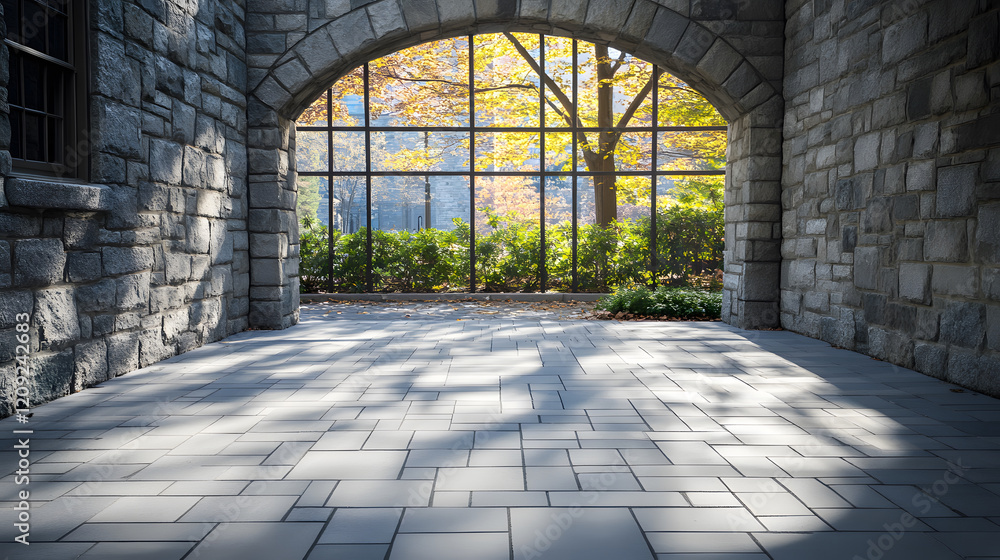 Poster a serene stone archway frames a vibrant garden, illuminated by soft sunlight filtering through the l