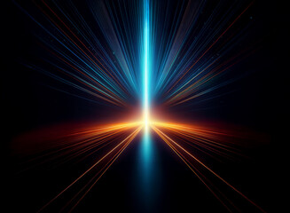 Fototapeta premium A vibrant beam of light, blue and orange, explodes from a central point, radiating outwards into a dark, starlit expanse. The effect is one of intense speed and cosmic energy.