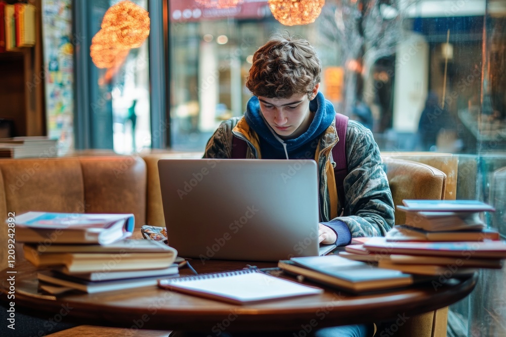 Poster In a cozy cafe filled with warm light, a focused student types on a laptop. Books and a notepad are scattered around, creating an environment of productivity and learning