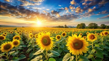 Fototapeta premium Golden Hour Sunflowers A Serene Sunset Landscape in a Vast Field of Blooming Sunflowers