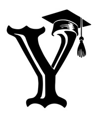 Graduation Cap on Letter Y Symbol , Black and white illustration of the letter Y wearing a graduation cap, symbolizing education, academic success, and scholarly achievement.  
 
