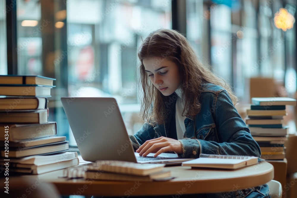 Poster in a busy cafe, a student sits at a table intently working on a laptop. surrounding her are stacks o
