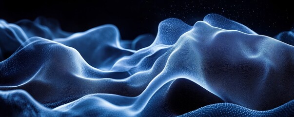 Obraz premium Blue white glowing abstract gradient wave on black background, vibrant noise texture, Generative AI