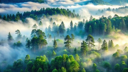 Misty Morning in a Verdant Forest, Sunlight Illuminating the Canopy and Valley Below, Creating a Serene and Picturesque Scene