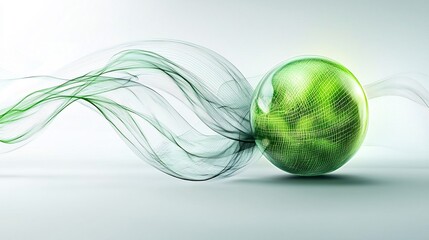 Futuristic green sphere floating with digital light trails on a white background