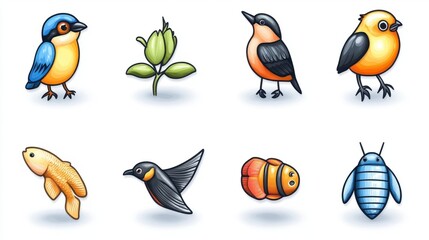 Colorful Cartoon Animals and Plants Illustration for Nature Themes