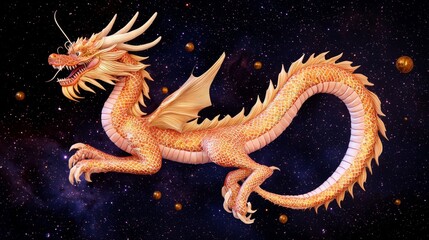Fototapeta premium Majestic Golden Dragon Soaring Through Cosmic Nebula Fantasy Art