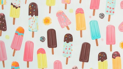 57.A repeating design of cheerful popsicle illustrations, each with vibrant pastel colors and chocolate tops, creating a lively summer pattern on a white canvas.