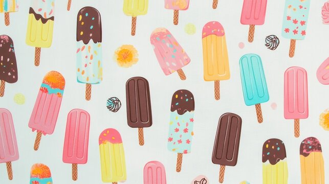 57.A repeating design of cheerful popsicle illustrations, each with vibrant pastel colors and chocolate tops, creating a lively summer pattern on a white canvas.