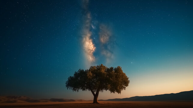 lone tree under serene sky exudes calm and tranquility, surrounded by an open expanse of arid land, and faint cloud above