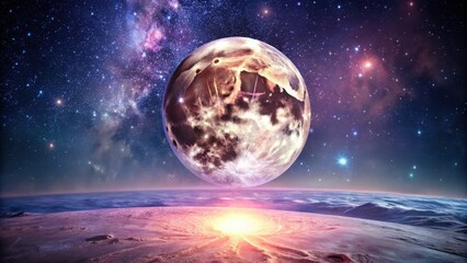 Obraz premium A celestial body looms large over a desolate, cratered landscape, bathed in the ethereal glow of a distant nebula and scattered stars.