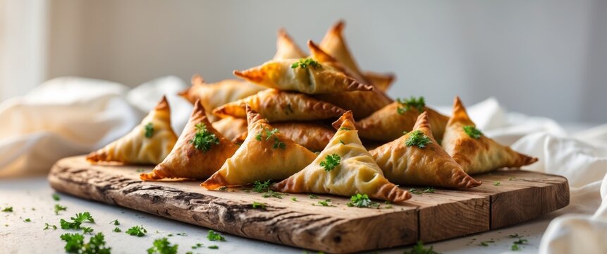 Delicious Golden Samosas on Wooden Board Ready to Serve for Appetizing Delight.